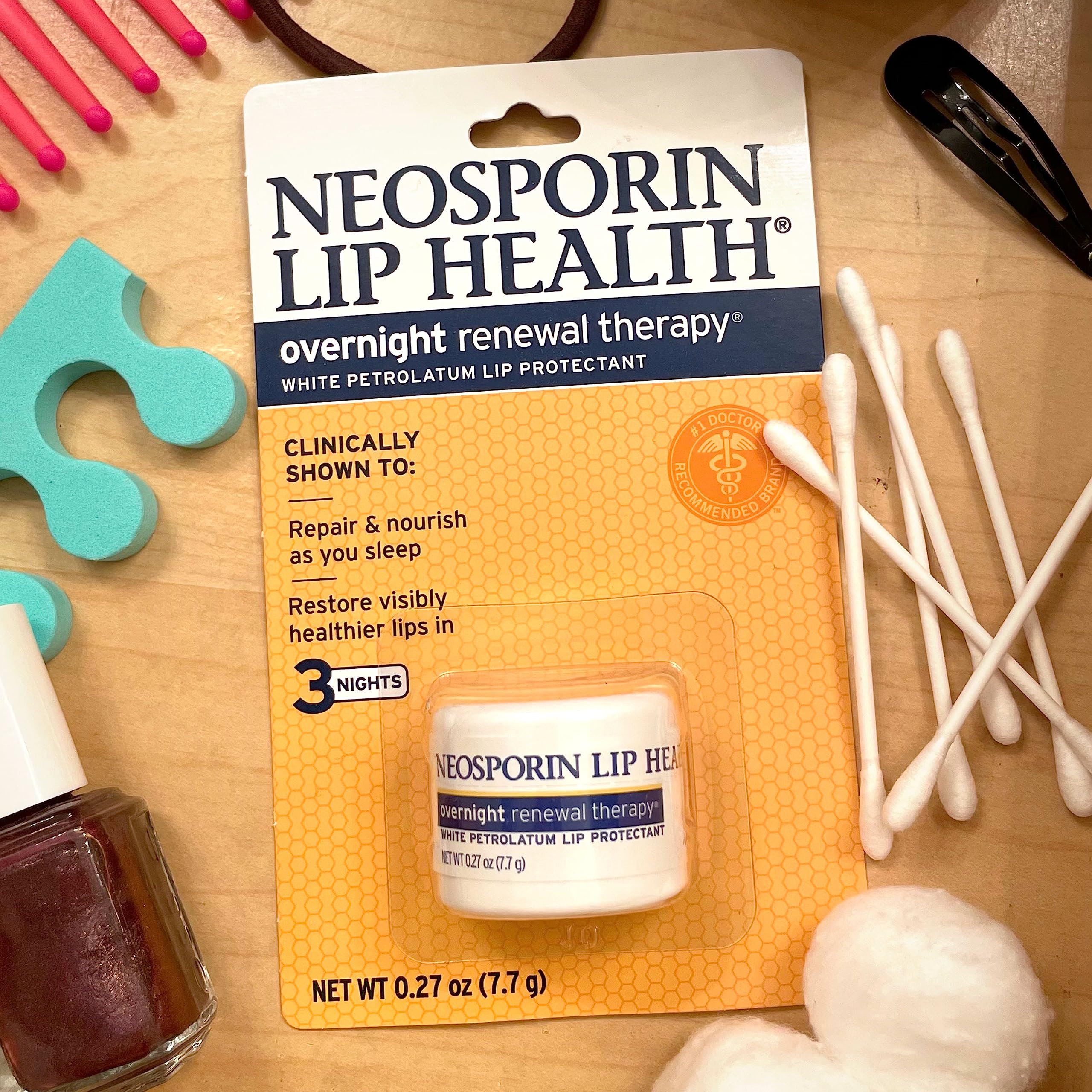NEOSPORIN Lip Health Overnight Renewal Therapy White Petrolatum Lip Protectant, Nourishing Night Moisturizer to Repair Dry & Cracked Lips, Prevent & Protect Chapped Lips, 0.27 oz